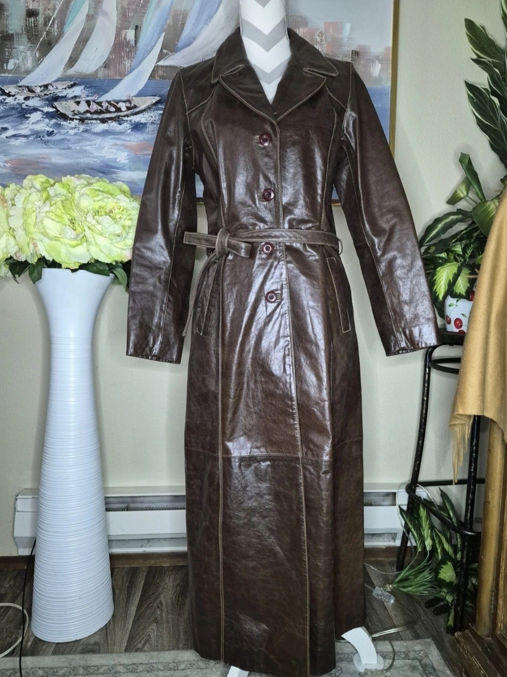 Wilsons Leather Dark Brown Leather Trench Coat with Belt